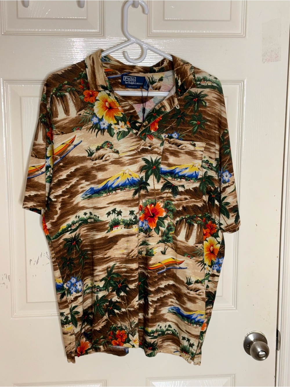 Polo Ralph Lauren Brown TROPICAL PRINT Cotton Linen Blend Collared Polo Shirt - Picture 9 of 9